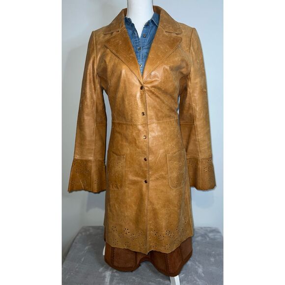 Wilsons Leather Duster Caramel Tan Trench Eyelet 70s Pearl Snaps Coat - Picture 3 of 12